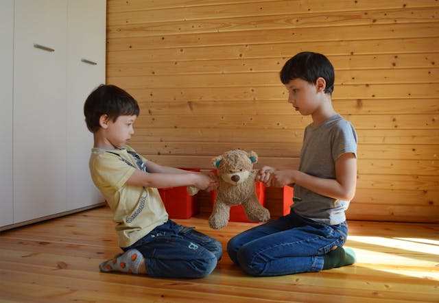 Niños peleando por un peluche